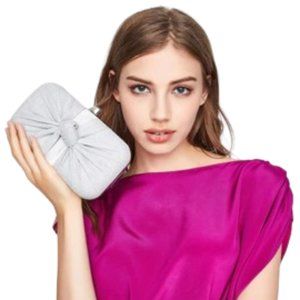 AVA & LINA SILVER CLUTCH PURSE FOR WOMEN BOW KNOT, GLITTER EVENING HANDBAG NWT